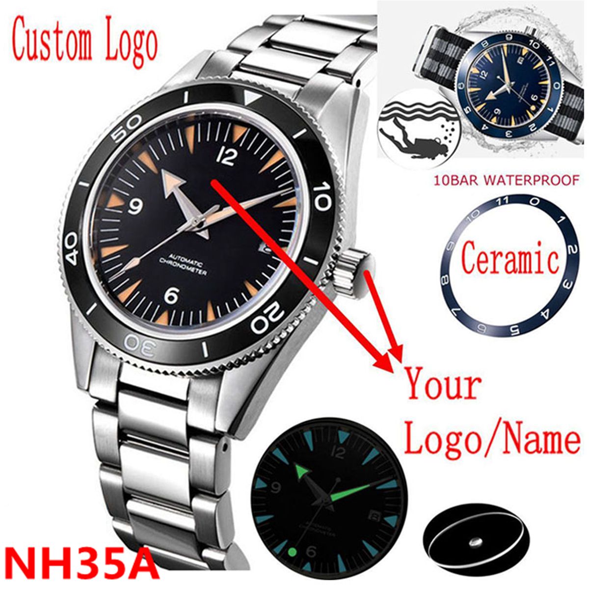 Luxury Watch Safe - โลโก้ที่กําหนดเอง NH35 นาฬิกา 10 บาร์ Mens