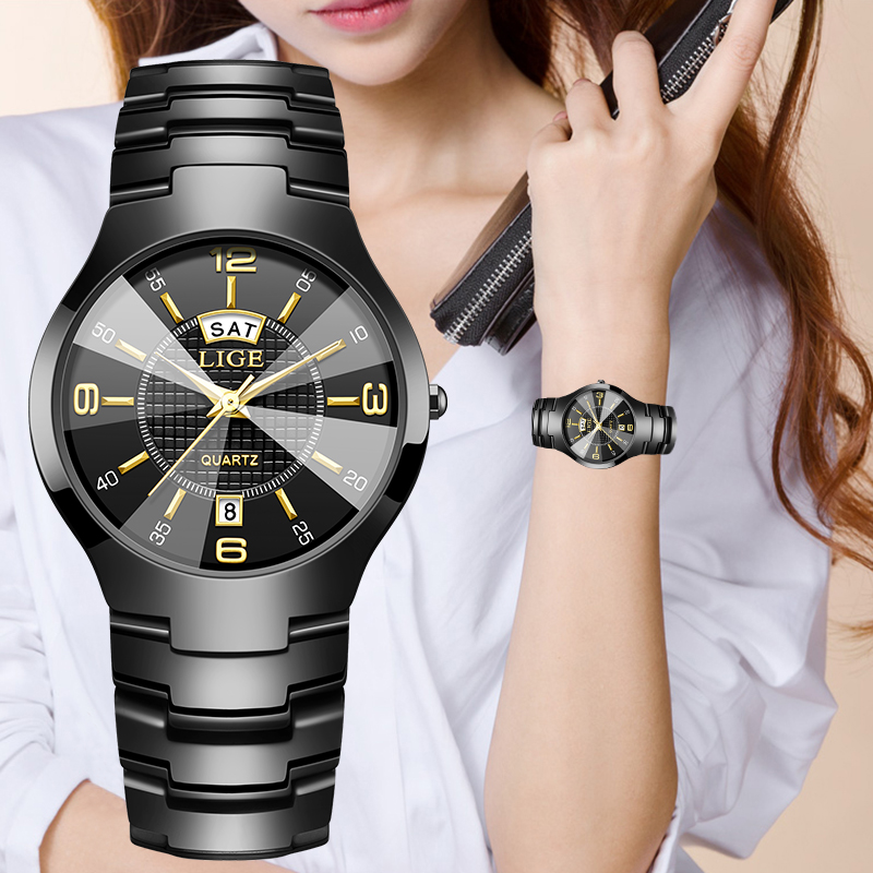 Luxury Watches - นาฬิกาข้อมือผู้หญิง LIGE แฟชั่นหรูหรา สายเซรามิก แสดงวันที่และวันในสัปดาห์ กันน้ำ
