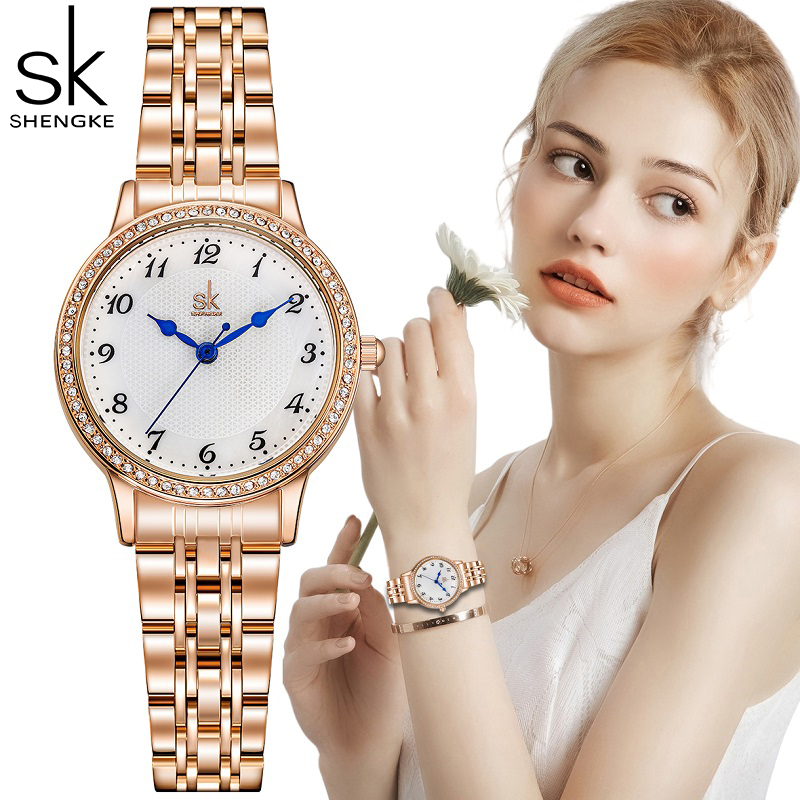 Luxury Watch Top 10 - Shengke นาฬิกานาฬิกาผู้หญิงสแตนเลสกันน้ำดูเรียบง่ายดูทองคำสีกุหลาบนาฬิกาสวยงามควอทซ์หรูหรา