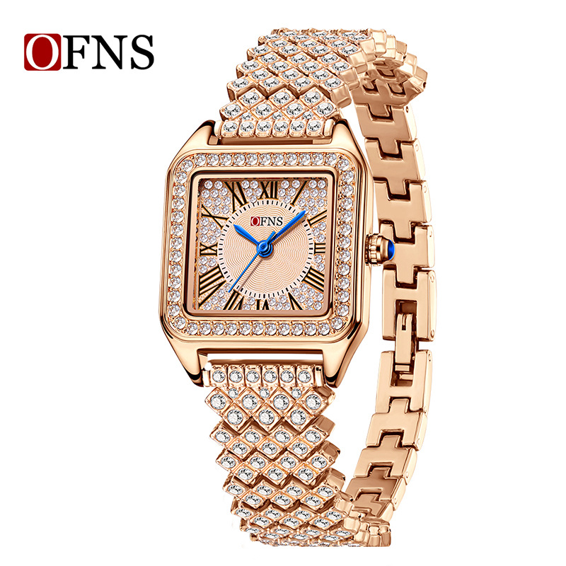 Luxury Watch Trading - นาฬิกาควอตซ์ OFNS สำหรับการค้าต่างประเทศ ดีไซน์หรูหรา แฟชั่นทรงสี่เหลี่ยม ประดับเพชรเต็มตัว
