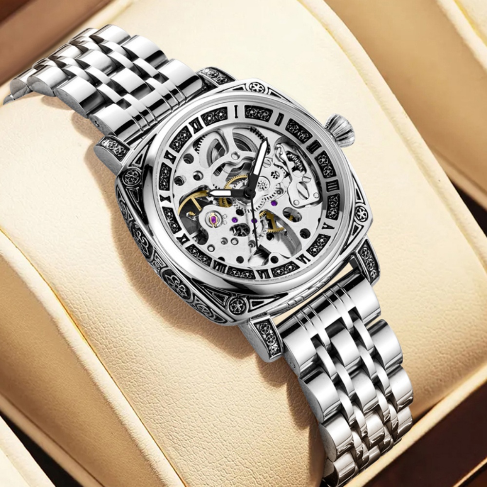 Luxury Watch Values - นาฬิกากลไกอัตโนมัติสำหรับผู้หญิงแบบมีเอกลักษณ์เฉพาะตัว, นาฬิกาข้อมือกลไกอัตโนมัติสไตล์วินเทจสลักลายหรูหรา, นาฬิกาข้อมือผู้หญิงแบบลำลองสายเหล็กกันน้ำ, เครื่องประดับแฟชั่นระดับไฮเอนด์สุดหรู, ใช้งานได้หลากหลายสำหรับการสวมใส่ในชีวิตประจำวัน, การเดินทาง,