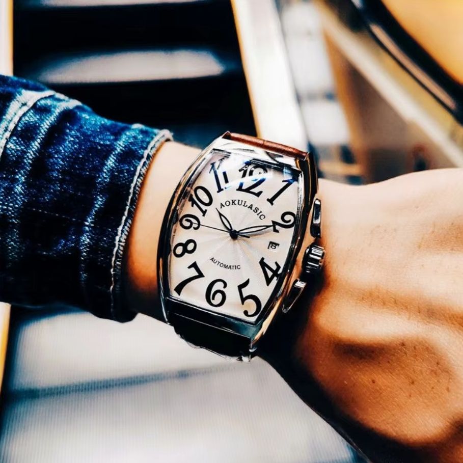 Luxury Watch Values - นาฬิกาจักรกลหรูหราสำหรับผู้ชายรุ่นใหม่ ตัวเรือนทรงกระบอก สายหนังแบบโปร่งใส นาฬิกาข้อมือปฏิทินเรืองแสงกันน้ำแบบปรับแต่งได้ ระบบอัตโนมัติเต็มรูปแบบพร้อมการบอกเวลาที่แม่นยำ นาฬิกาผู้ชายสำหรับใส่ทำงานที่เรียบง่ายและใช้งานได้หลากหลาย