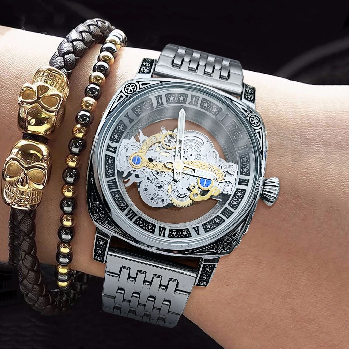 Luxury Watch Values - นาฬิกาผู้ชาย, นาฬิกาข้อมือควอทซ์ธุรกิจระดับไฮเอนด์ทรงสี่เหลี่ยม, ดีไซน์แบบกลวง, เรืองแสงและกันน้ำ, สไตล์ยุโรปและอเมริกา, มูลค่าสูง,