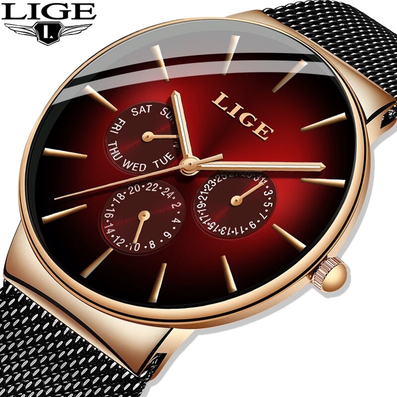Luxury Watch Top 10 - Lige นาฬิกาแฟชั่นสำหรับผู้ชาย, นาฬิกาควอตซ์หรูหราแบรนด์ชั้นนำนาฬิกากีฬาเหล็กตาข่ายบางมากกันน้ำสำหรับผู้ชาย