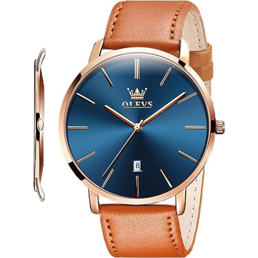 Dress Watch Ultra Thin - OLEVS นาฬิกาหนังผู้ชายสีดำบางเฉียบ 6.5 มม. แฟชั่นเรียบง่ายสบายๆกันน้ำนาฬิกาวันที่สำหรับผู้ชาย