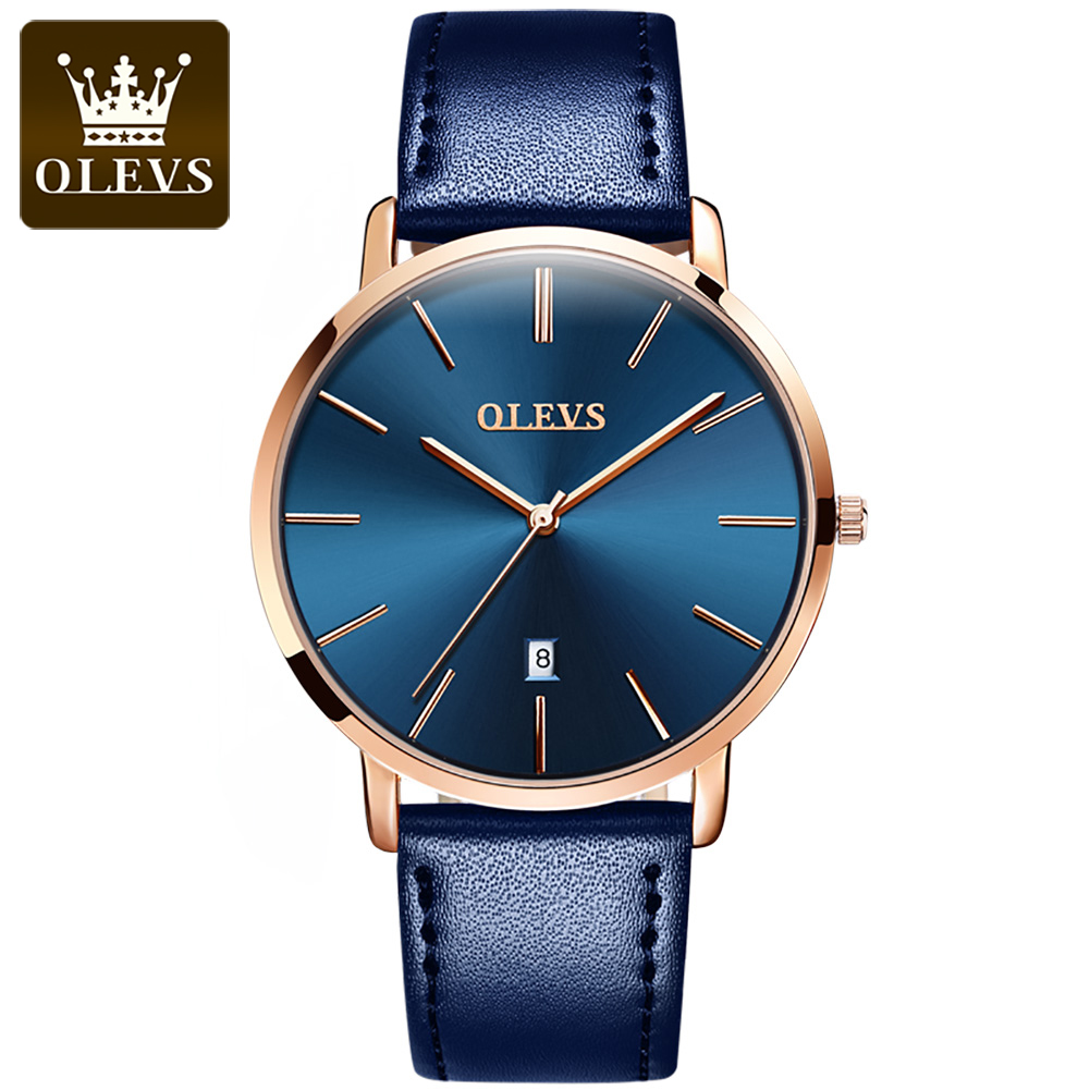 Dress Watch Ultra Thin - Original OLEVS นาฬิกาควอตซ์สําหรับชายนาฬิกากันน้ําผู้ชาย 6.5 มม.บางวันที่สายหนังนาฬิกาข้อมือผู้ชายนาฬิกาธุรกิจ