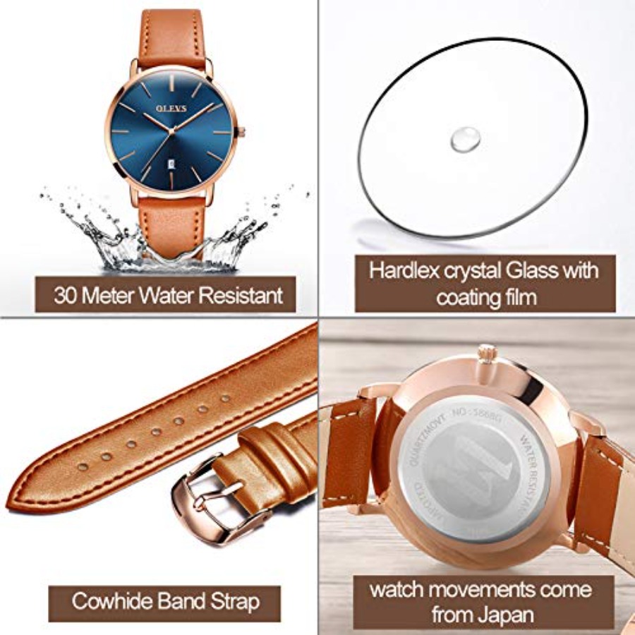 OLEVS นาฬิกาหนังผู้ชายสีดำบางเ - Dress Watch Ultra Thin บทวิจารณ์และราคา